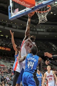 Detroit's Jason Maxiell attempts to dunk over Orlando's Andrew Nicholson in the second quarter. Detroit won the game 105-90