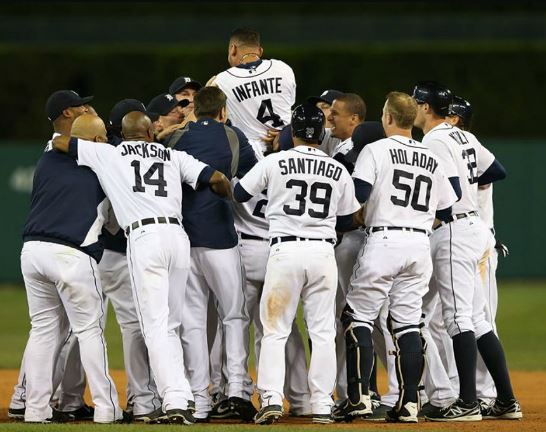 Tigers second baseman Omar Infante celebrates with teammates after driving in Don Kelly to beat the visiting White Sox on Saturday (Photo courtesy of the Detroit Tigers)