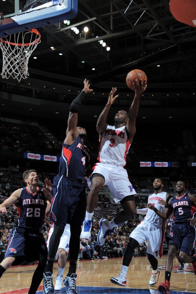 Detroit Pistons guard Rodney Stuckey drives to the basket against Atlanta Hawks forward Paul Millsap on Friday. The Hawks defeated the Pistons 96-89. (Photo courtesy of the Detroit Pistons)