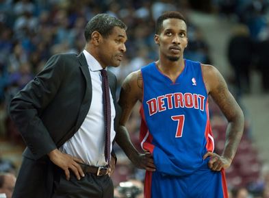 Detroit Pistons head coach Maurice Cheeks and point guard Brandon Jennings (7) chat during a free throw in the fourth quarter of the game against the Sacramento Kings at Sleep Train Arena. The Detroit Pistons defeated the Sacramento Kings 97-90  (Ed Szczepanski-USA TODAY Sports)