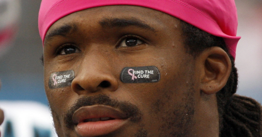 Carolina Panthers' DeAngelo Williams wears pink in honor of Breast Cancer Awareness Month during the first quarter of an NFL football game against the Seattle Seahawks in Charlotte, N.C., Sunday, Oct. 7, 2012. (AP Photo/Nell Redmond)