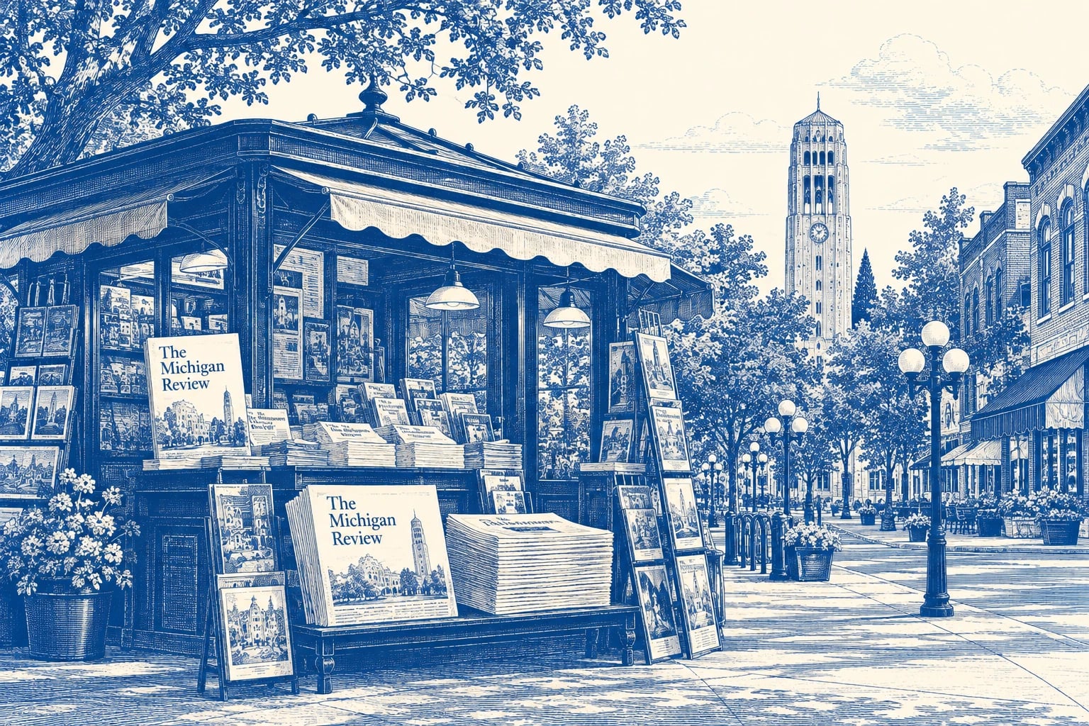 Engraving of a State Street newsstand selling The Michigan Review, with Burton Memorial Tower beyond