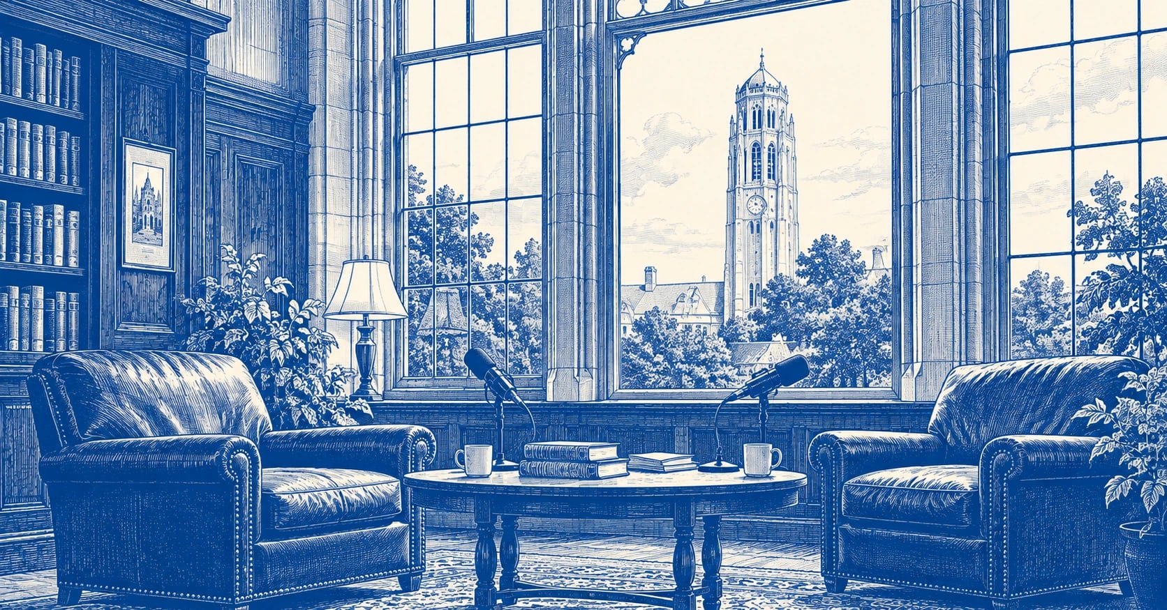 Engraving of two leather armchairs and microphones in a paneled reading room overlooking campus